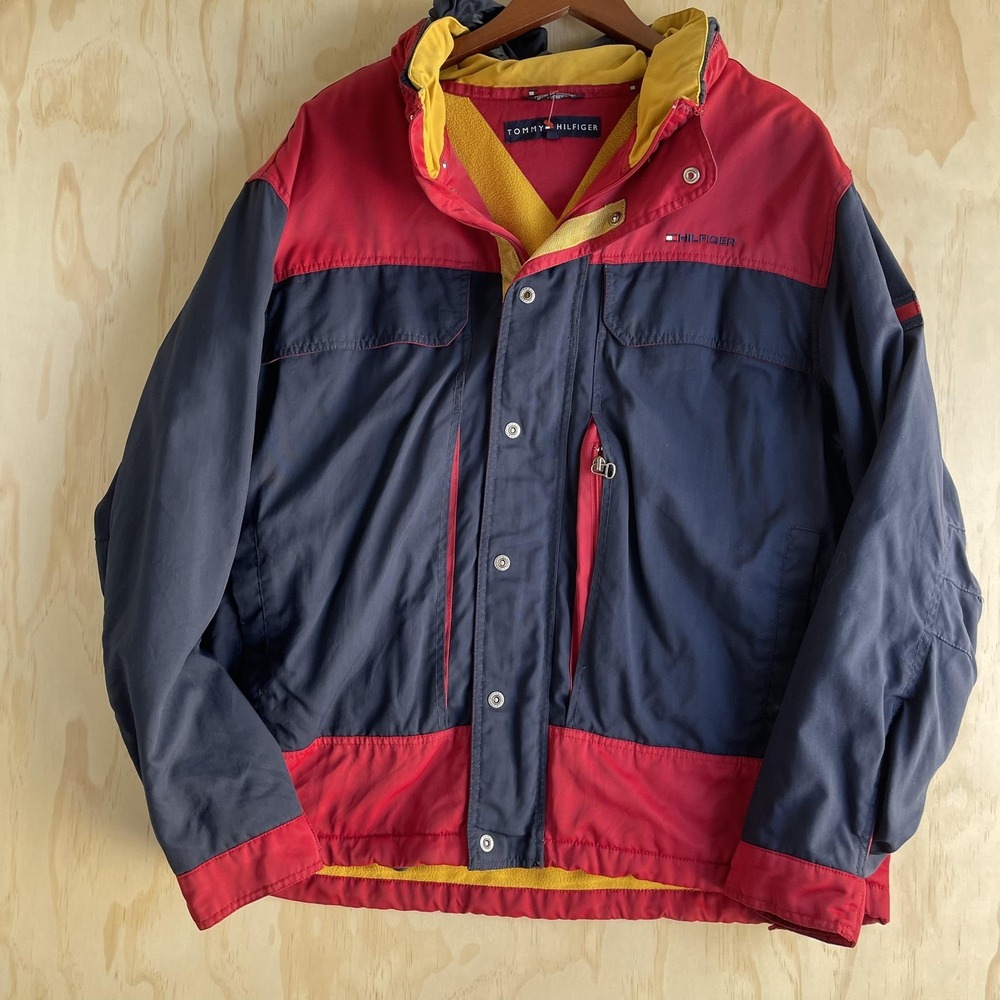 Vintage Y2K Tommy Hilfiger‎ Jacket Mens XL Blue Hooded Fleece Lined Windbreaker